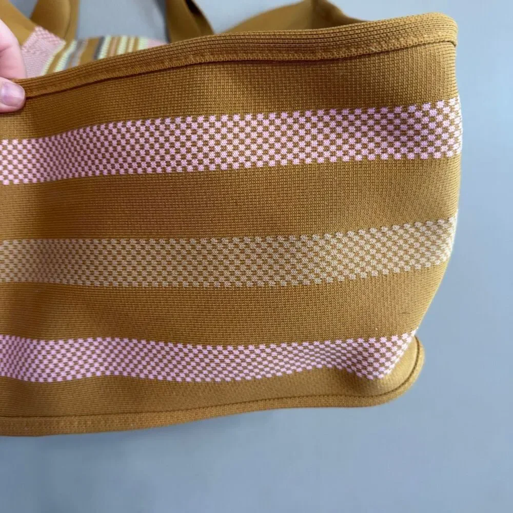 Aerie Large Beach Tote Mustard Yellow Multi Color Striped Accent Panel - Picture 5 of 9